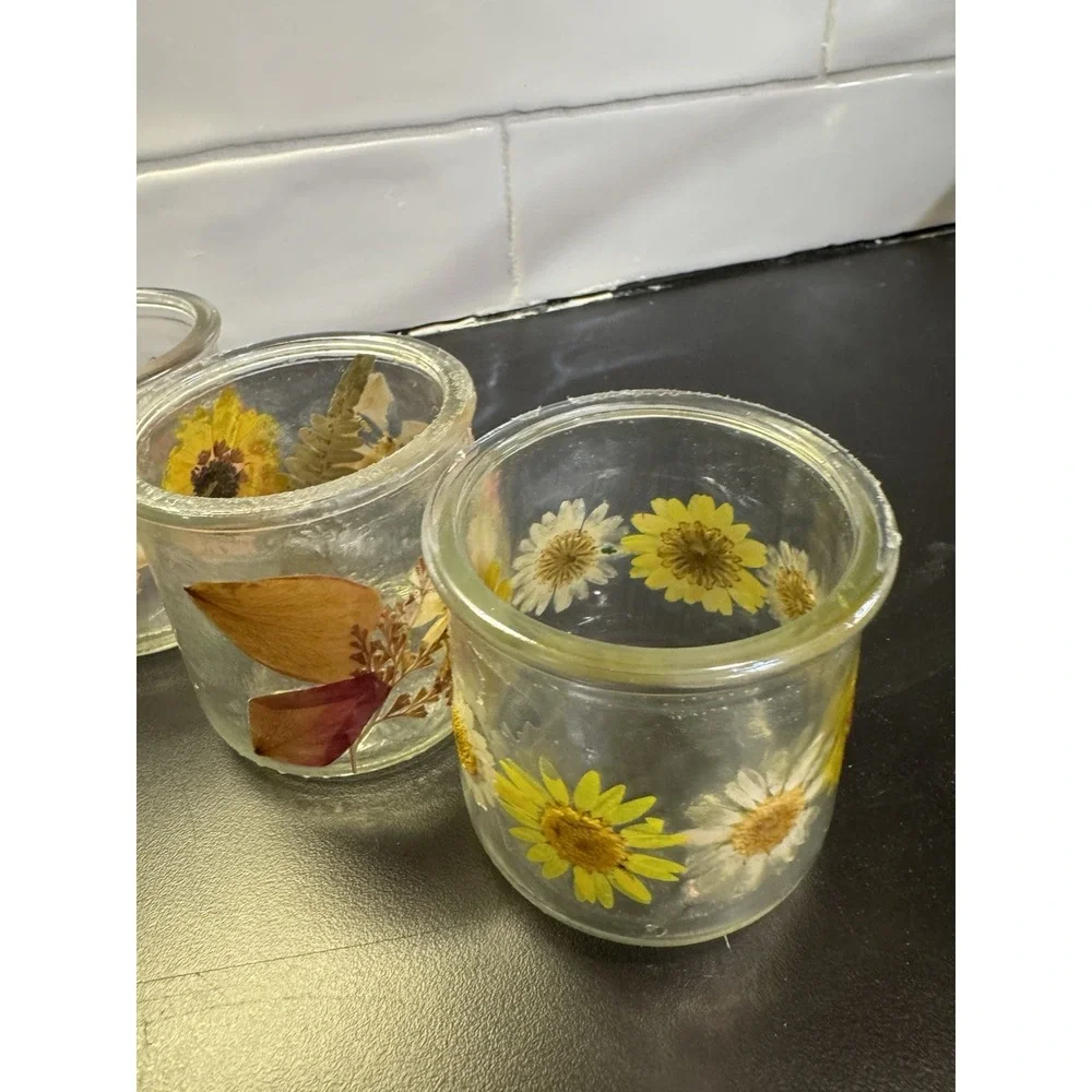 Handmade Pressed Flowers Votive Candle Holders Set‎ of 7 Spring Simmer Decor